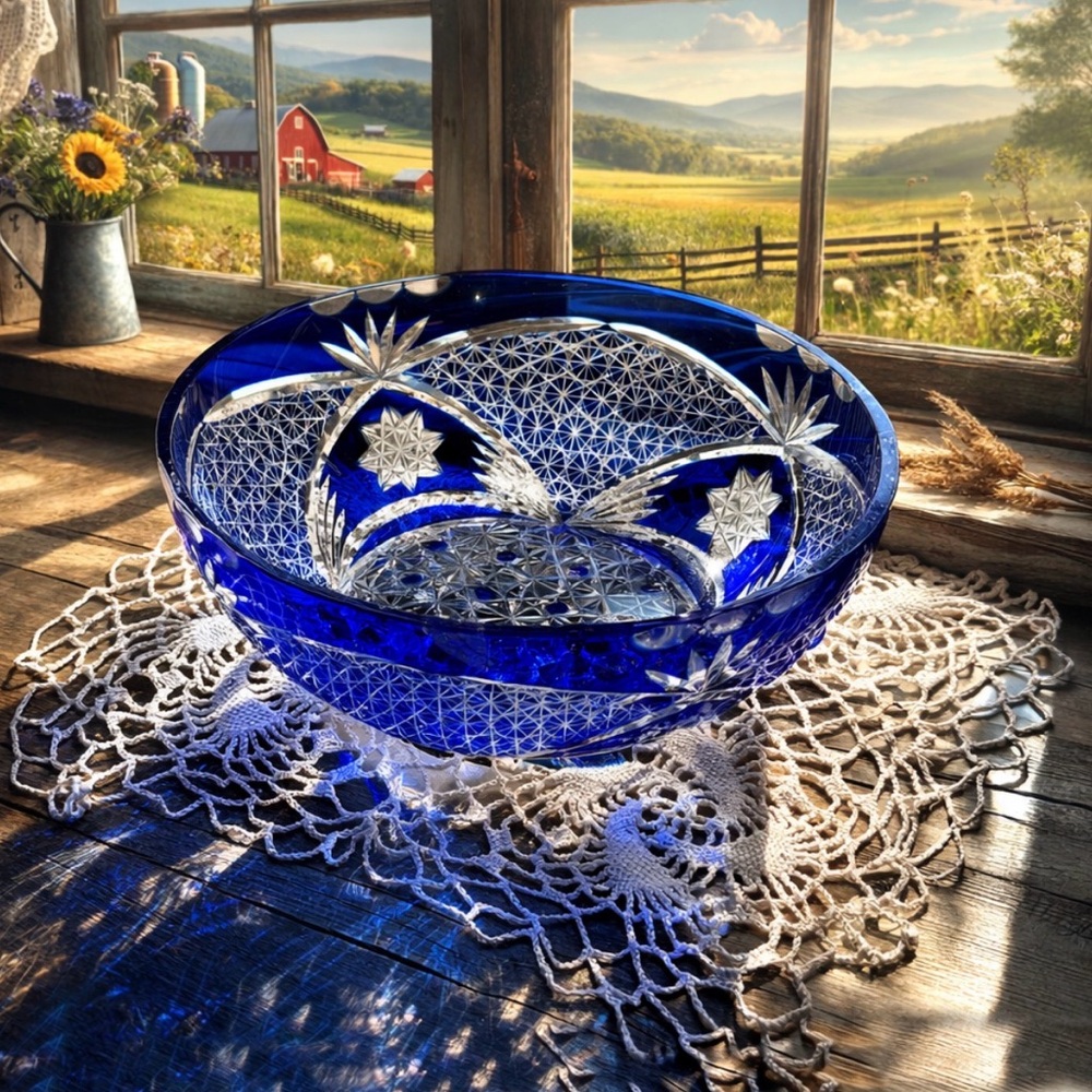 Vintage Cobalt Blue Cut to Clear Crystal Bowl – Bohemian Style. 7 3/4” D. G12